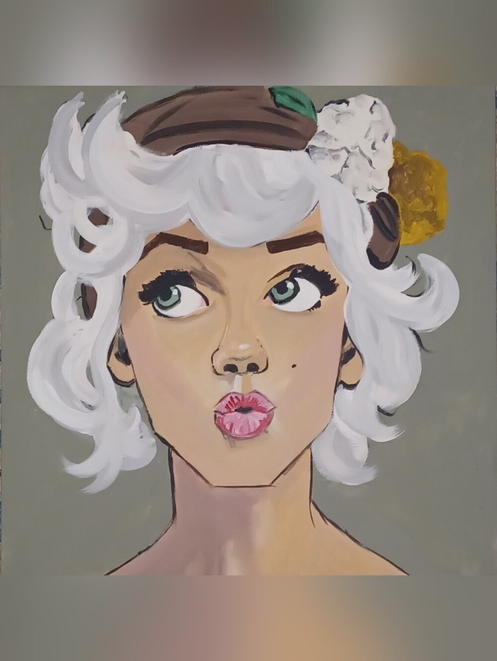 Original Acrylic Pop Art Portrait with White Hair and Pink Lips